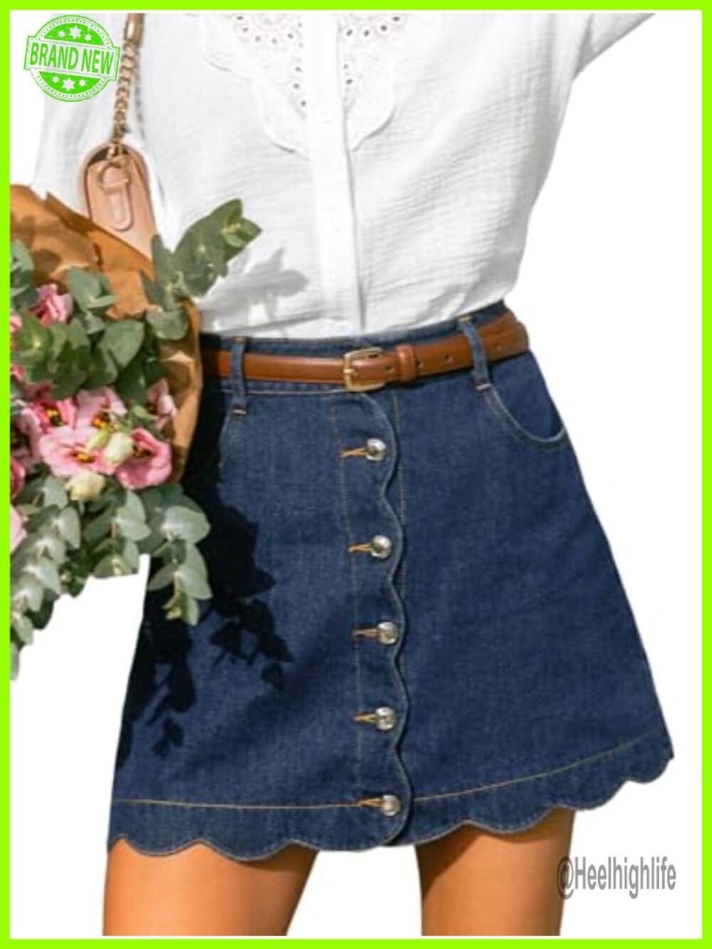 Scalloped Hem Denim Mini Skirt Button Front A-Line Cotton
